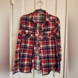 Bella D Vibrant Red and Navy Plaid Shirt